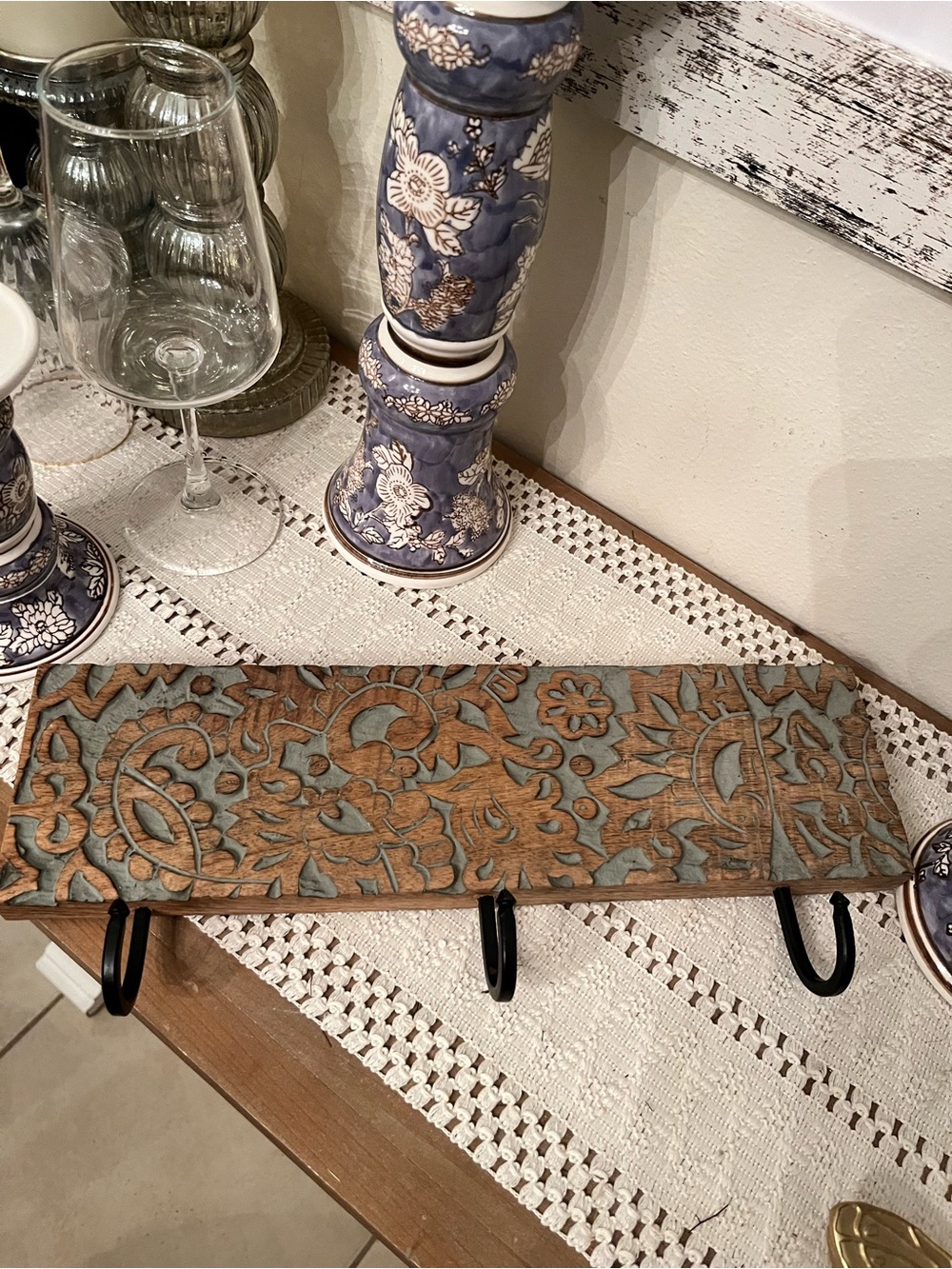 Handcrafted Floral Carved Wooden Wall Hook - Blue and Brown